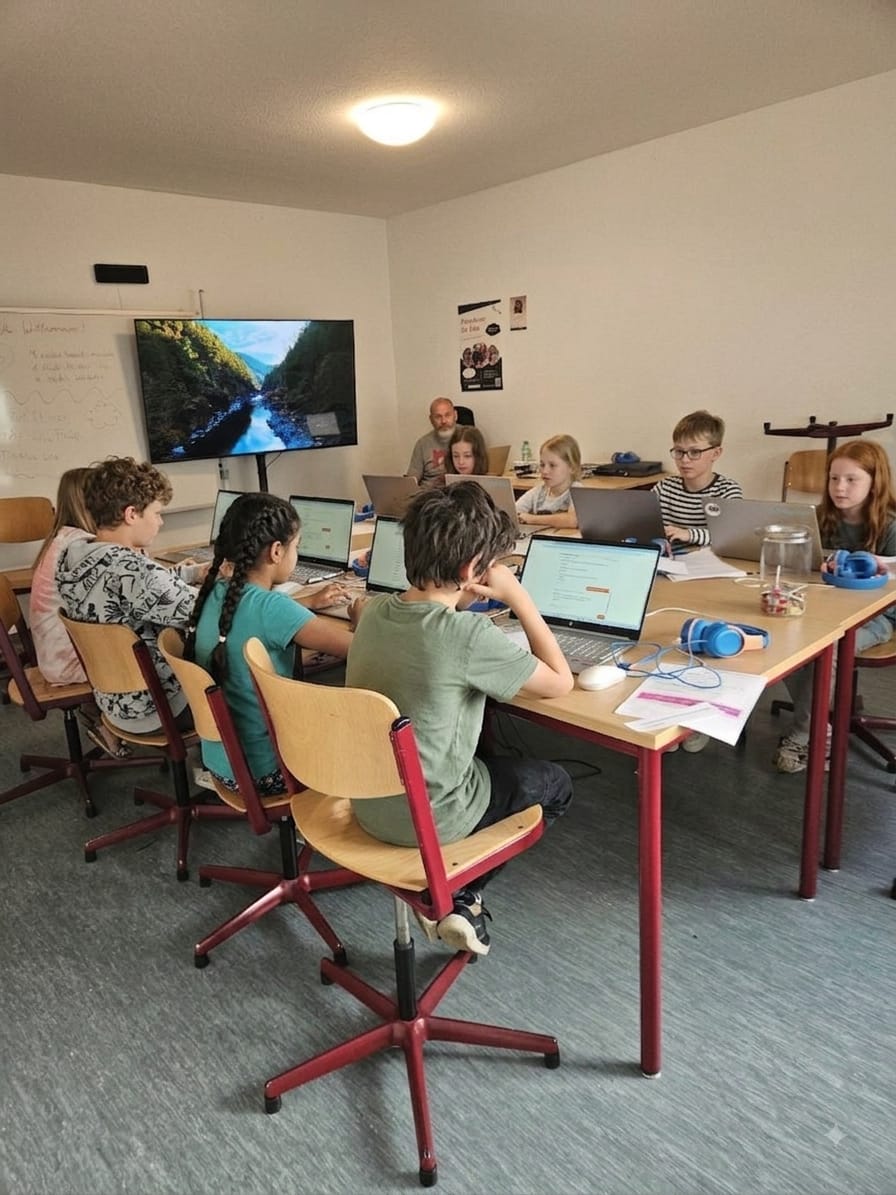 Kinder arbeiten konzentriert an Laptops im Kursraum, im Hintergrund René (Kinder KI-anonymisiert)