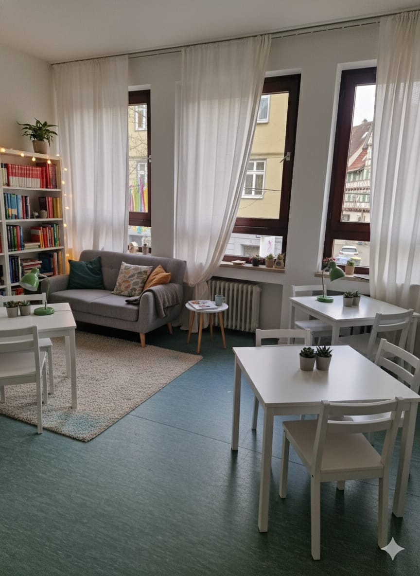 Gemütliche Leseecke mit Sofa und Bücherregal