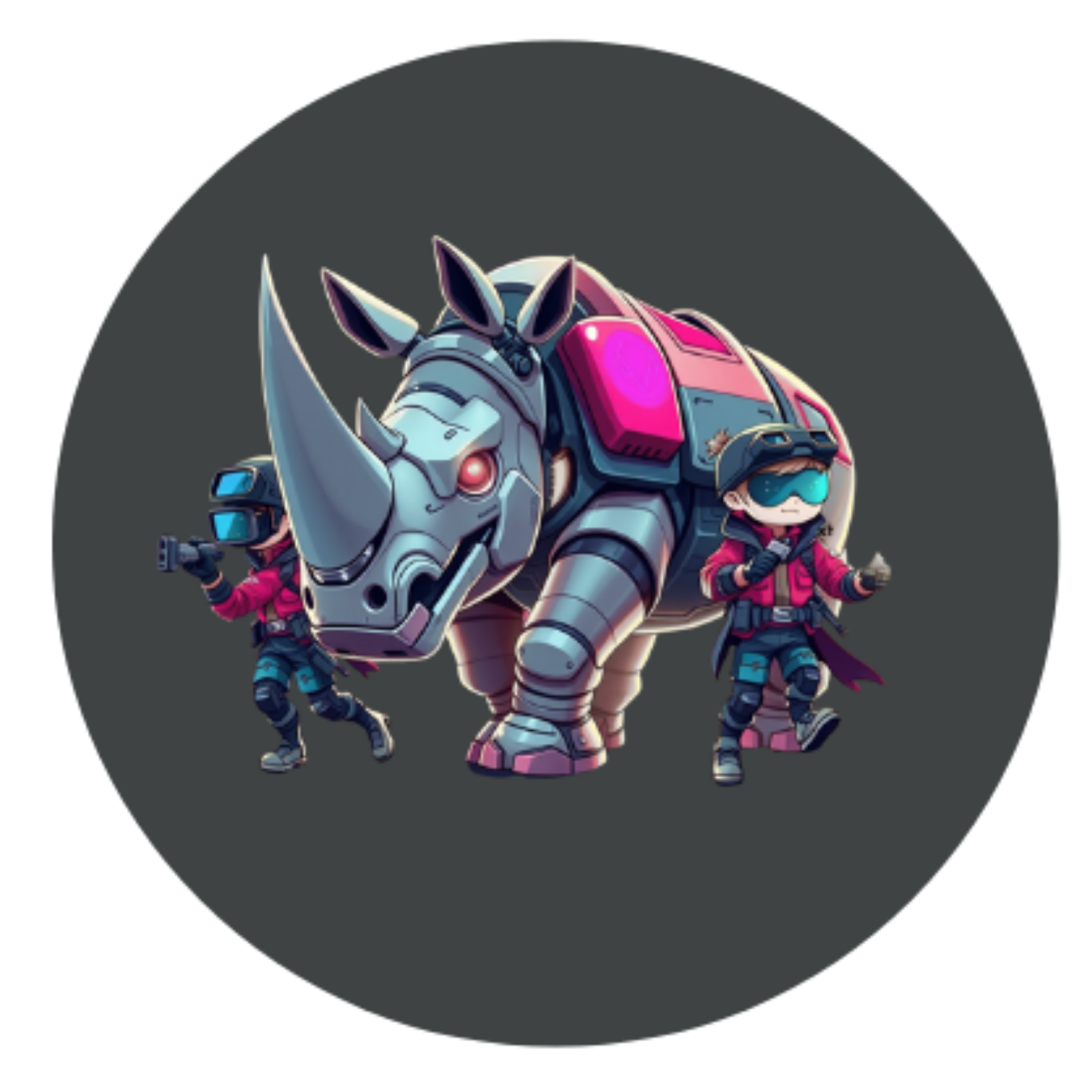 Futurhinos Maskottchen — ein Cyber-Rhino mit zwei jungen Entdeckern