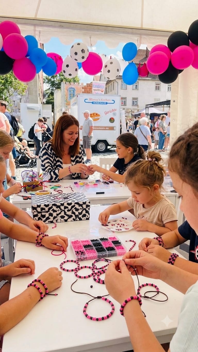 Kinder fädeln bunte Perlenarmbänder am Stand (Kinder KI-anonymisiert)
