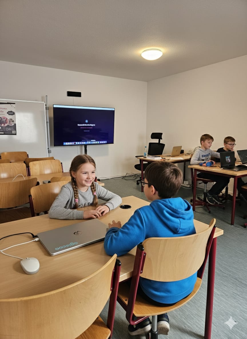 Kinder im Kursraum mit Laptops, eigene Projekte (Kinder KI-anonymisiert)